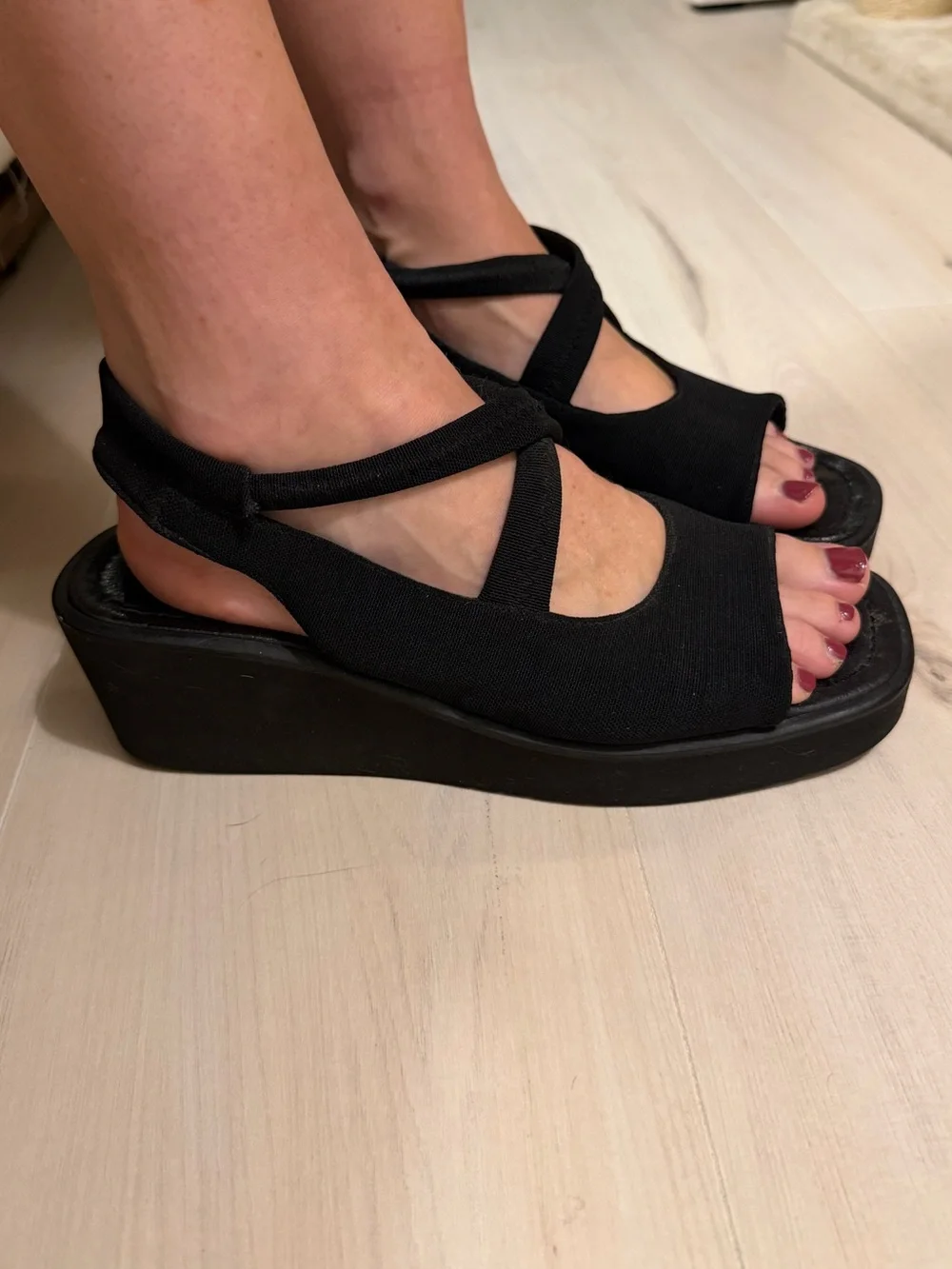 Women's Black Strappy Wedge Sandals